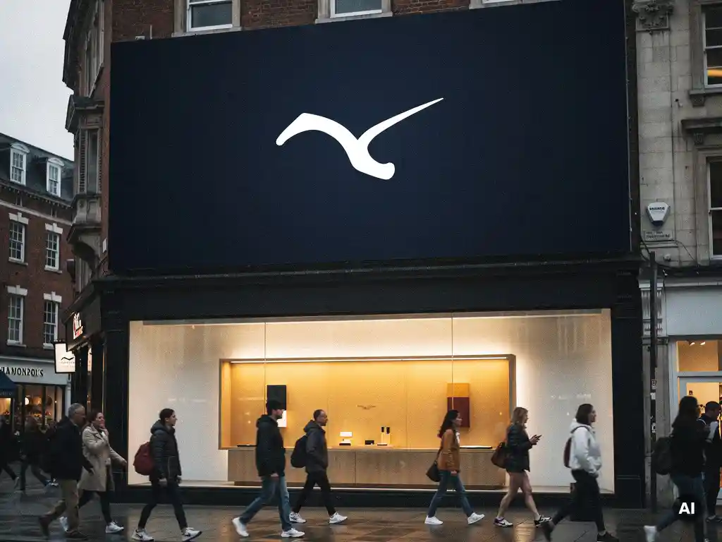 Billboard advertisement towering over a UK high street with a glowing in-store display visible in the shop window below, pedestrians passing under overcast daylight.
