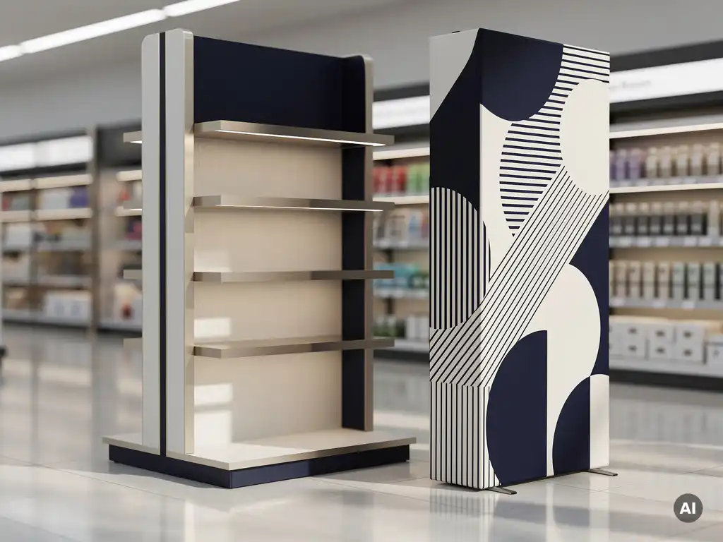 Permanent retail display unit beside a temporary promotional stand in a modern store aisle with warm white, navy, and brushed metallic finishes.
