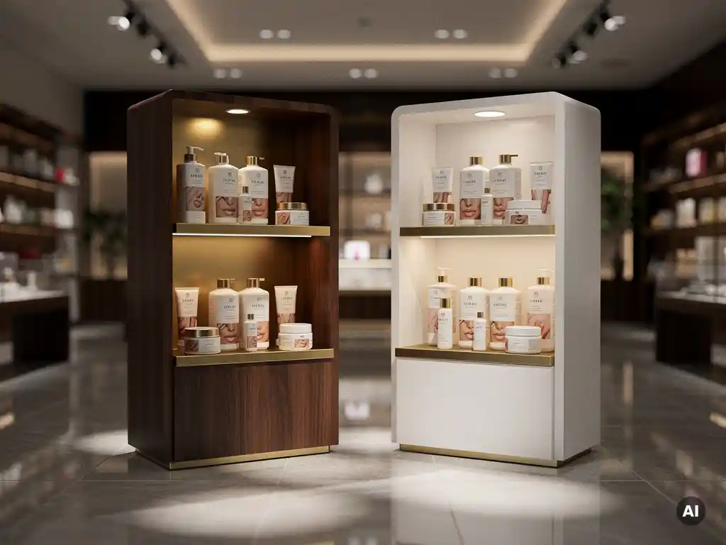 Walnut wood retail display fixture beside a white temporary POS stand holding premium beauty products under warm spotlights in a polished store.