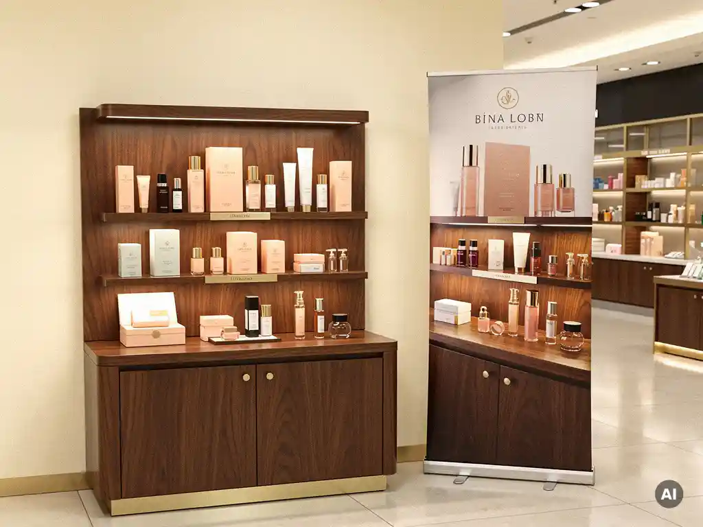 Permanent walnut wood retail display fixture beside a pop-up promotional stand holding premium cosmetics in warm cream and gold tones.