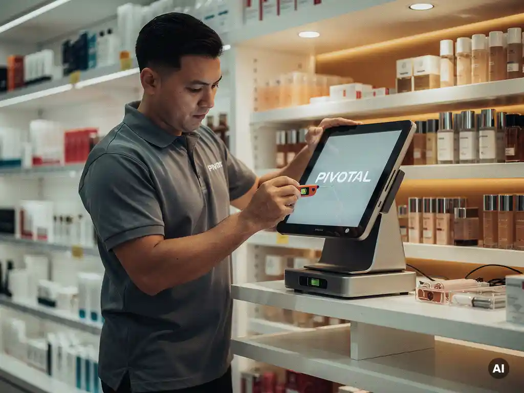 Pivotal installer in retail uniform leveling a branded POS display unit on a pharmacy shelf surrounded by cosmetic products.