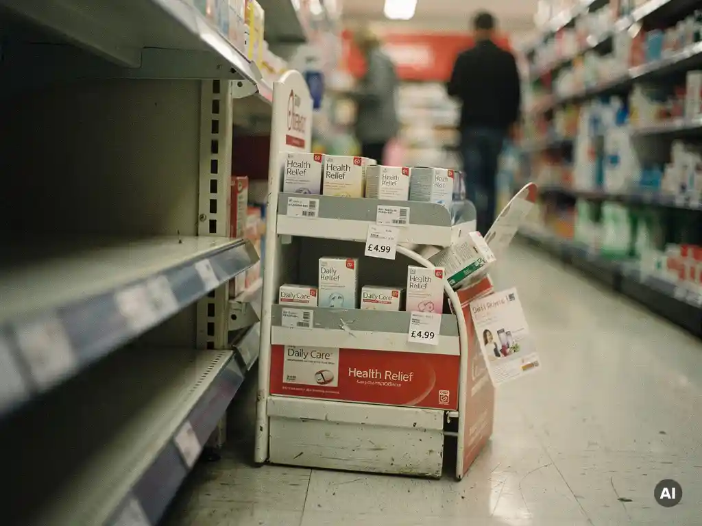 Poorly positioned pharmacy point-of-sale display partially blocked by a rival shelf unit, with askew promotional materials and unflattering shadows.