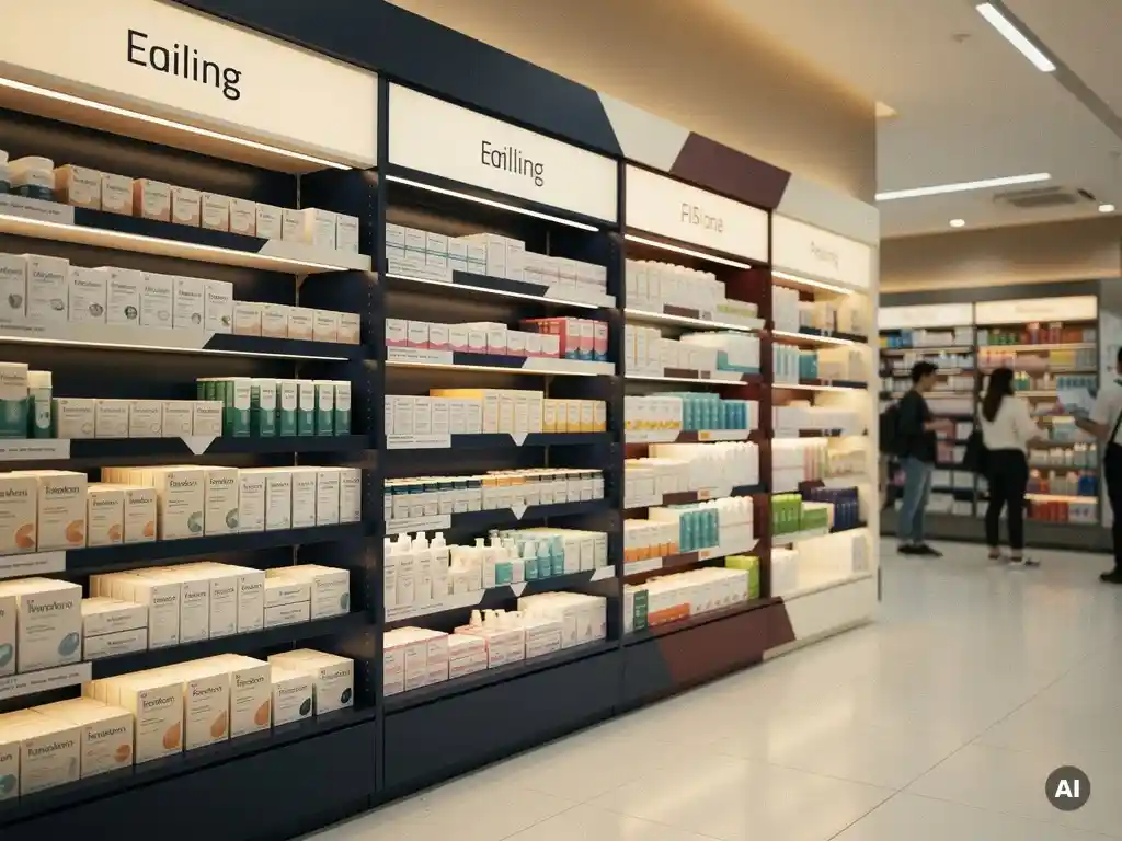 Full pharmacy aisle display with brand-grouped shelves, navy and cream packaging under warm premium lighting in a modern store.