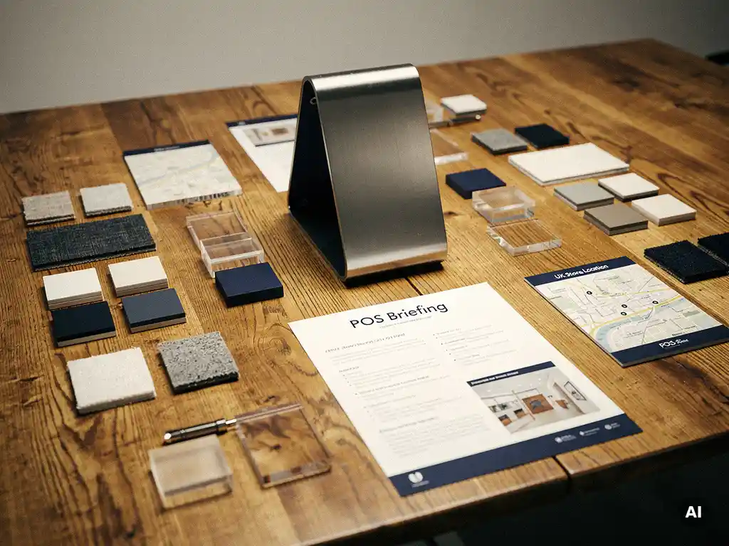 POS briefing documents, material swatches, and acrylic display samples arranged on an oak table beside a navy and brushed steel display unit prototype and UK store map.