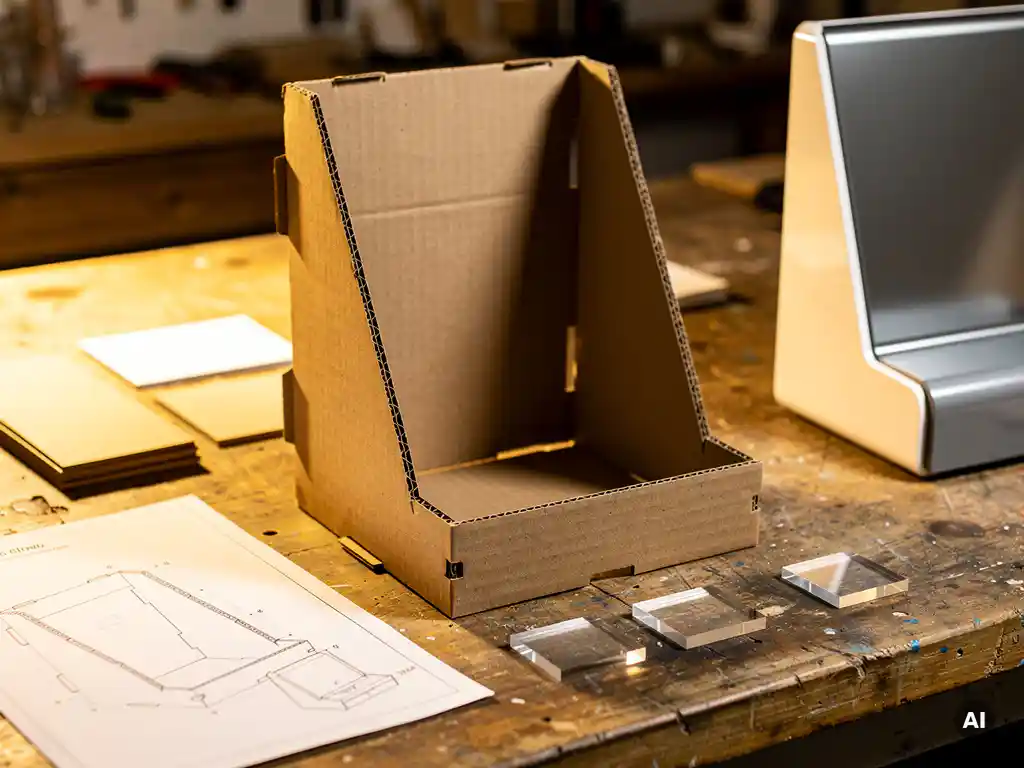 Cardboard prototype of a POS display unit on a workshop bench with material swatches, CAD drawings, and acrylic samples beside a polished final mockup.