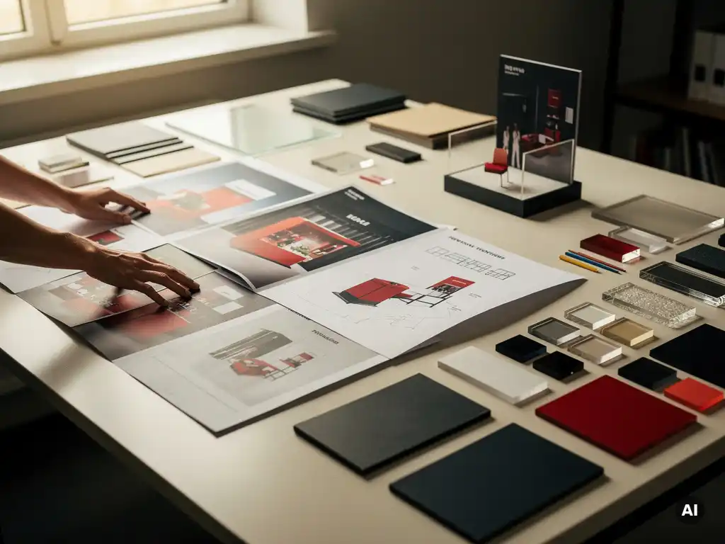 Designer hands arranging hand-sketched POS display concepts and mood boards on a studio desk with acrylic samples, material swatches, and a small prototype display unit.