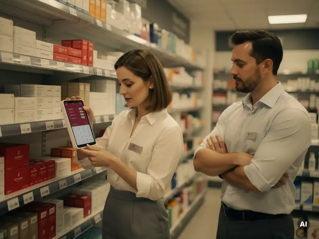 Brand representative placing a POS display unit on a crowded UK pharmacy retail shelf while a store manager observes the limited space nearby.