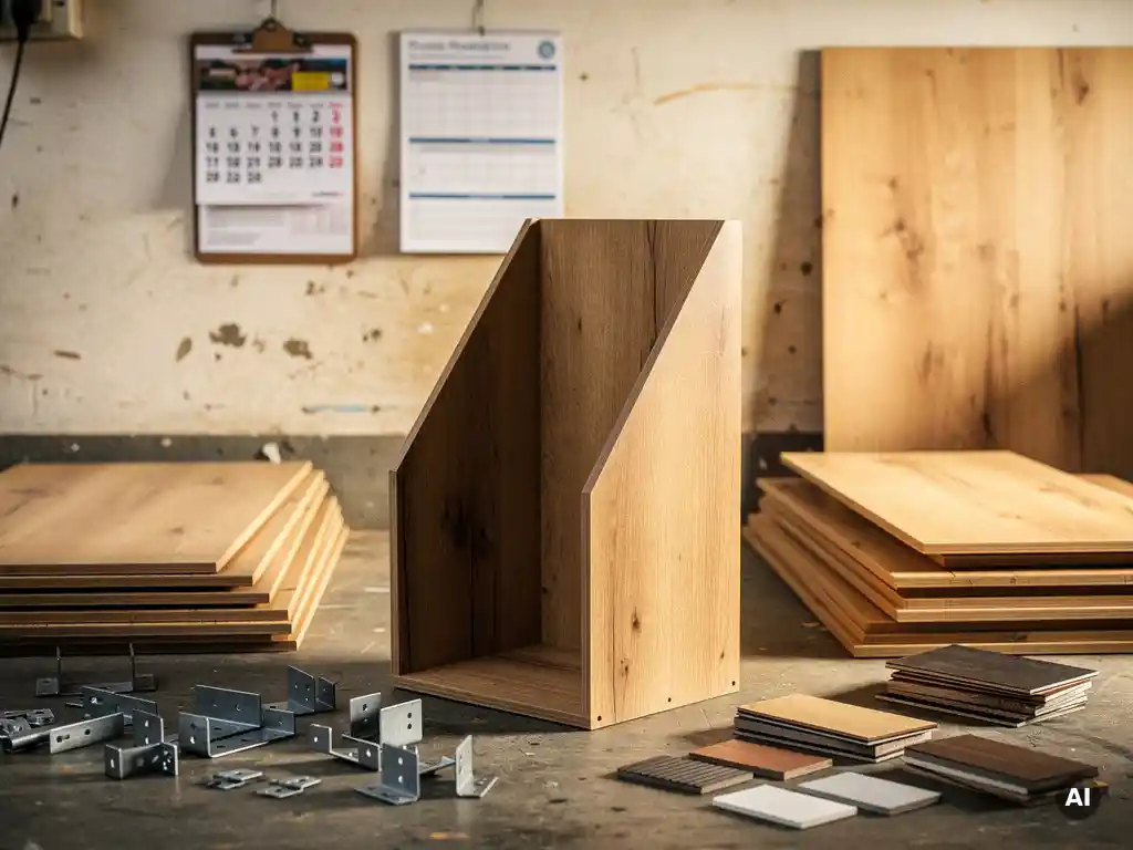 Half-assembled POS display unit on a UK workshop floor surrounded by timber panels, metal brackets, and material swatches under soft industrial lighting.