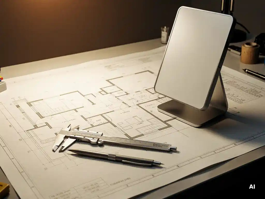 Architectural blueprint on a studio worktable beside a freestanding POS display unit prototype, with callipers and mechanical pencil under warm spotlight.