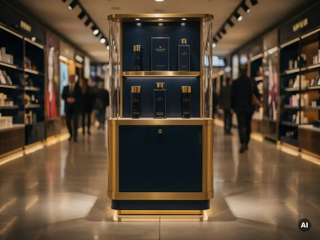 Freestanding POS display unit in a busy London flagship store aisle, navy and gold packaging under warm spotlights on polished concrete floors.