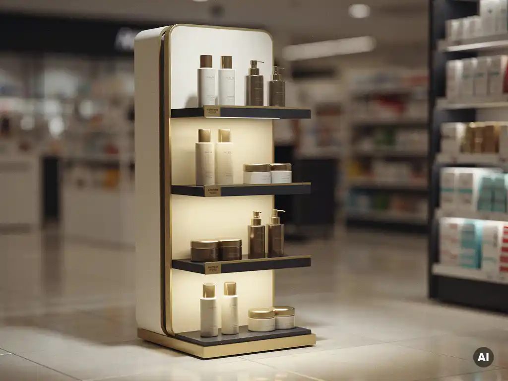Sleek charcoal and brass POS display unit with modular shelving holding premium skincare products on a polished department store floor.
