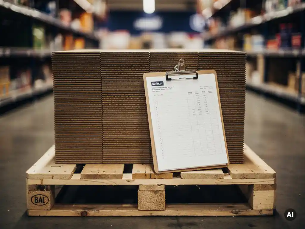 Flat-packed POS display units stacked on a warehouse pallet with a route sheet clipboard, UK retail shelving blurred in background.