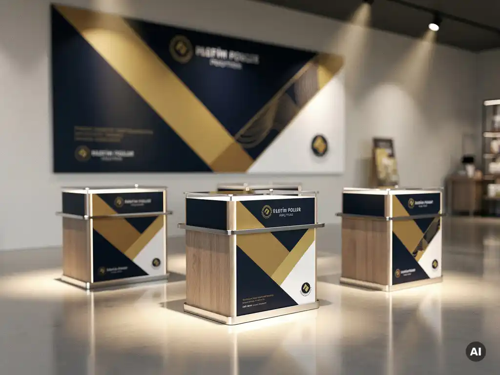 Premium POS display units on polished retail floor, matching navy, gold, and white brand campaign banner, warm spotlights, shallow depth of field.