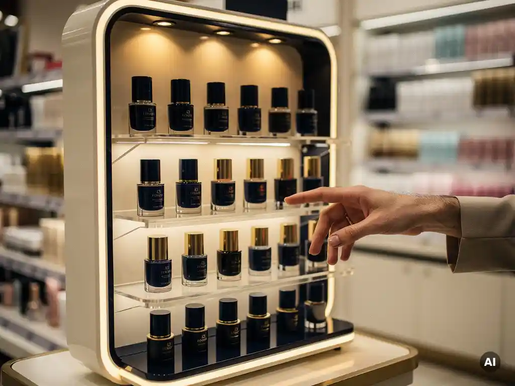 Premium cosmetic point-of-sale display with acrylic shelving, shopper reaching for products under warm golden retail lighting.