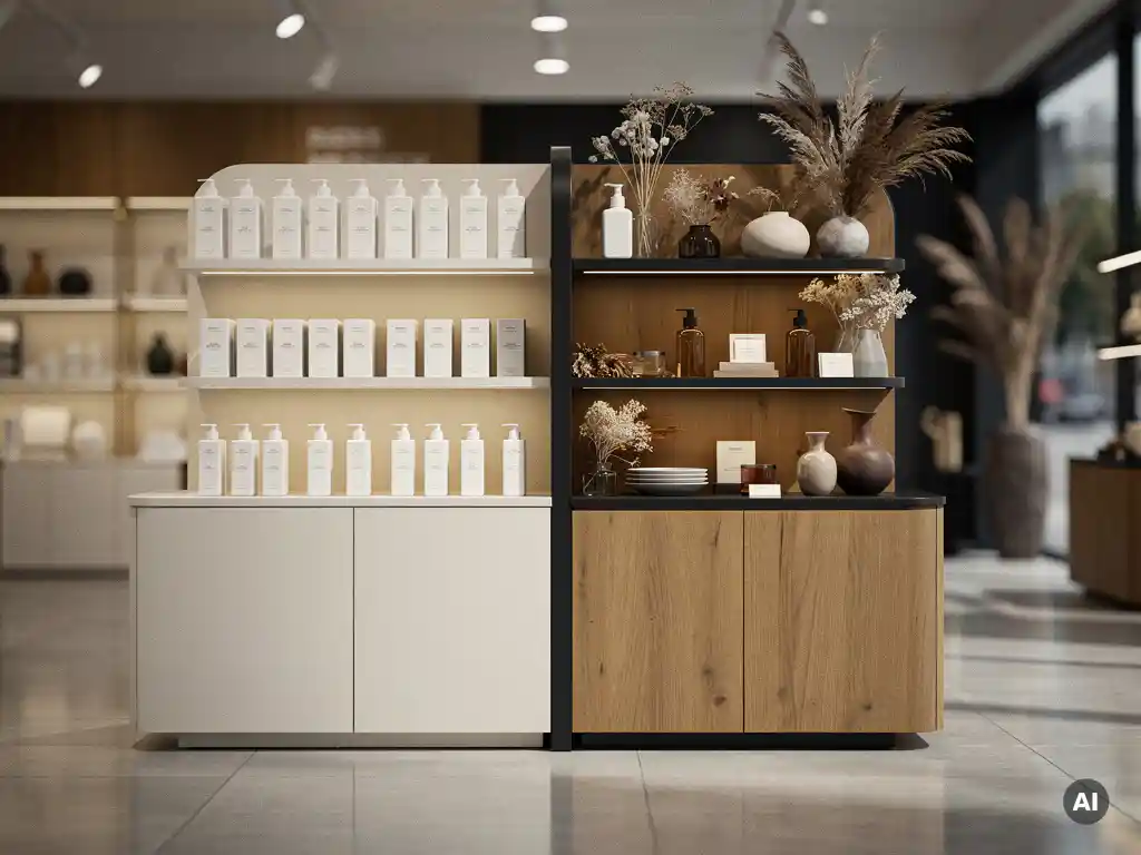 Retail display unit with clinical product rows on one side and warm dried botanicals styling on the other, lit by soft boutique overhead lighting.