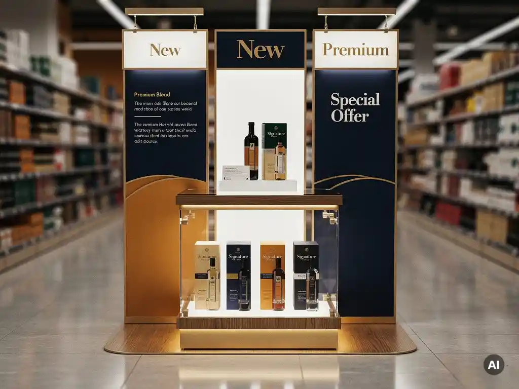 Retail display stand with shelf-edge talkers, header cards, and acrylic product plinth under warm golden lighting in navy and amber tones.