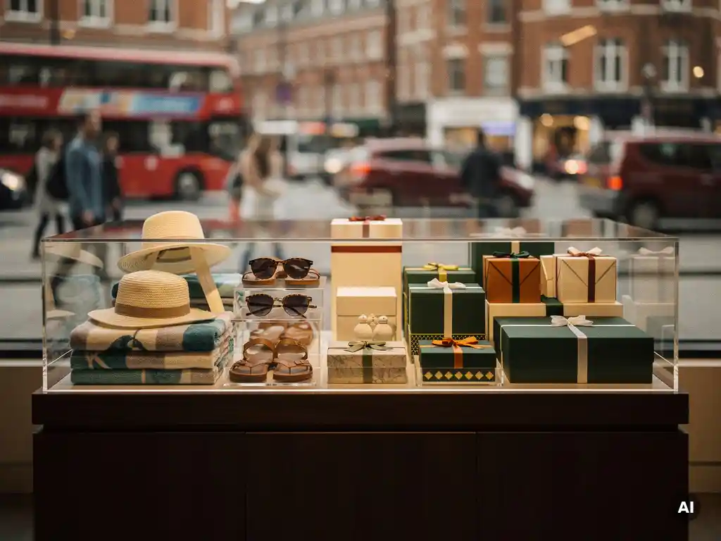 Retail shelf display blending summer beach accessories and Christmas gift packaging under warm golden spotlights, UK high street visible through shop window behind.