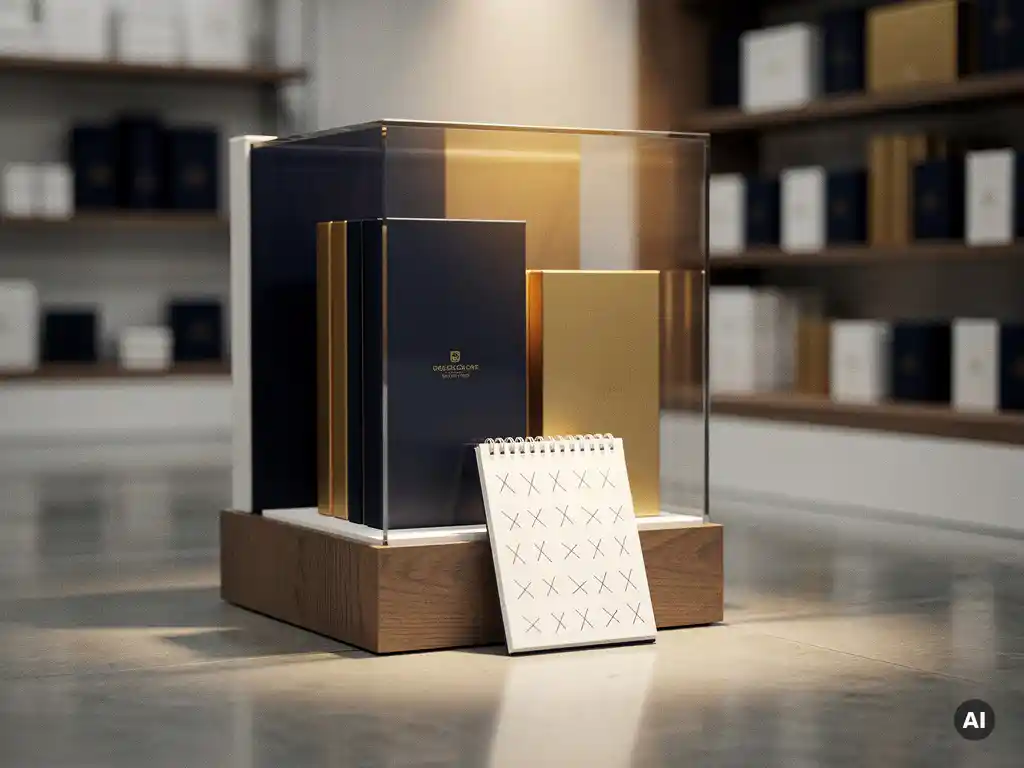Retail display unit with premium product packaging on polished floor, notepad with tally marks at base, warm spotlight, navy and gold tones.