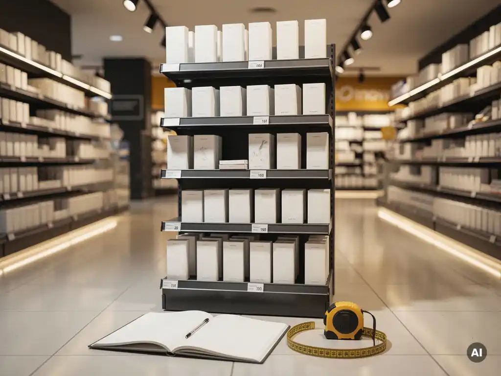 Retail display unit with empty shelf gaps and worn product slots under warm spotlight lighting, sketchbook and tape measure at its base.