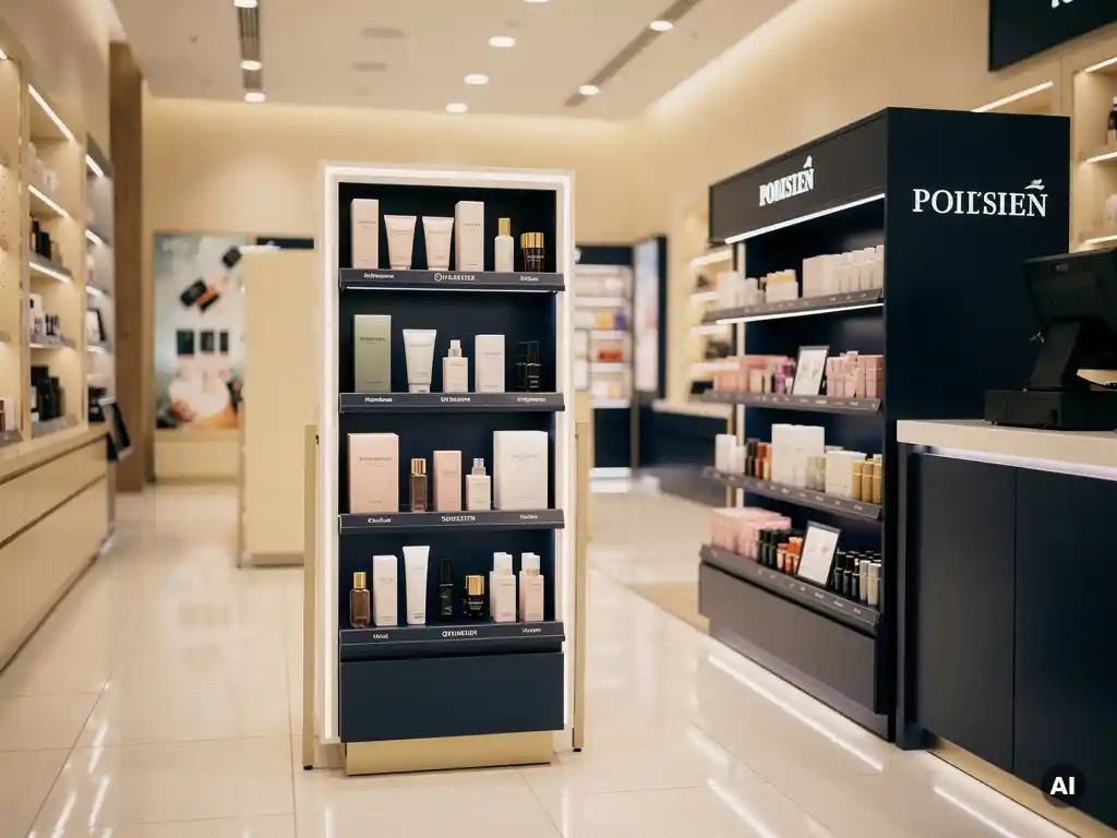 Cosmetic display units in a modern UK high-street store aisle, featuring a freestanding floor unit and branded shelf-edge display near checkout in cream and navy tones.