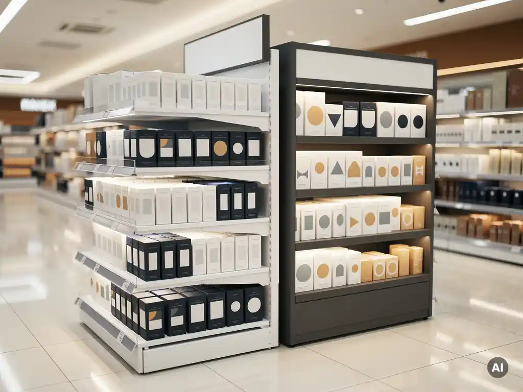 Freestanding floor display unit beside a gondola end cap in a modern retail aisle with premium product packaging under warm white store lighting.