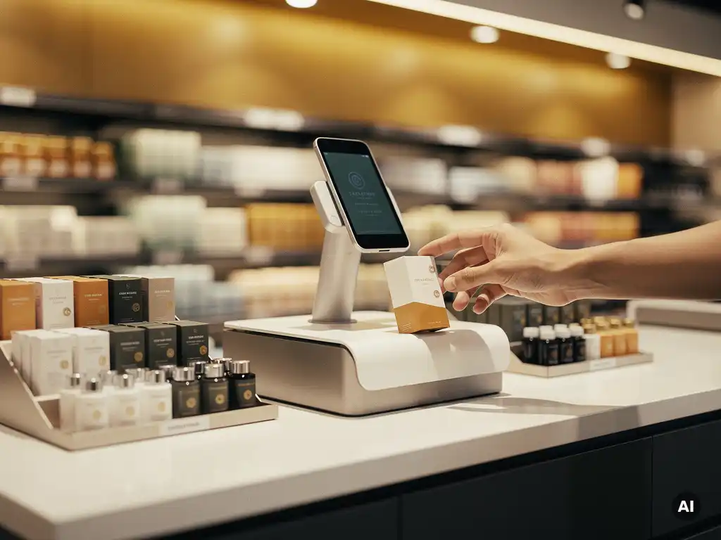 Customer reaching for impulse-buy product at a modern retail POS display counter with warm golden lighting and premium packaging.