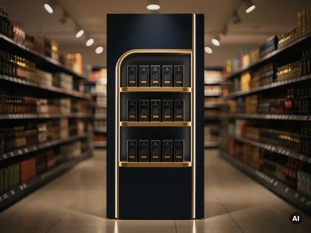 Bold navy and gold POS display unit at retail aisle end, premium product packaging gleaming under warm spotlighting with shallow depth of field.