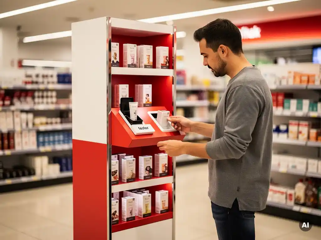 Freestanding POS display unit with red and white printed graphics in a UK retail store aisle, shopper reaching toward a product tester.