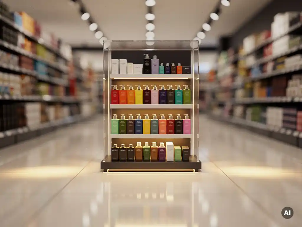 Modern point of sale display unit with acrylic shelving in a bright UK retail aisle, warm spotlights highlighting premium product arrangements.