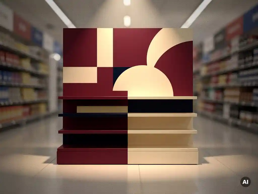 Retail POS display unit with crimson and cream typographic panels, color-blocked product shelving under warm directional spotlights on a polished shop floor.
