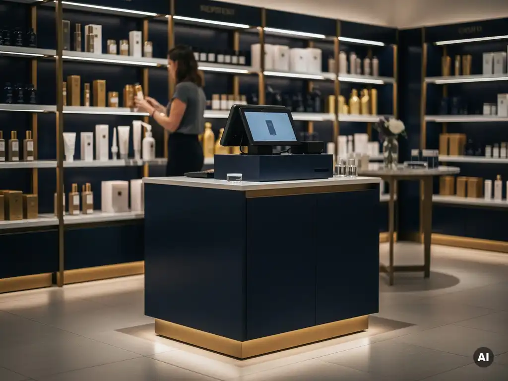 POS display unit on a modern UK retail floor with premium shelving, warm gold lighting, and a customer browsing products in the background.