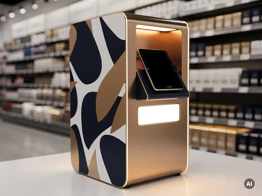 Dual-sided POS display unit in a premium retail aisle with brand imagery, product placement, and amber accent lighting on brushed metalwork.