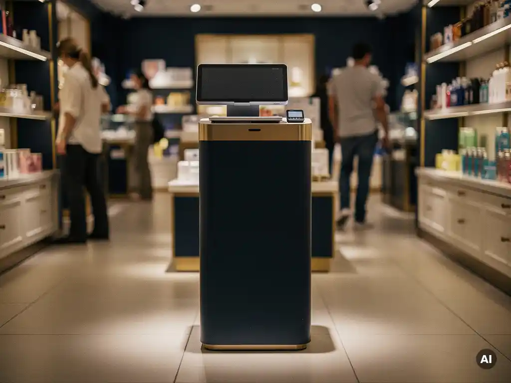 Sleek navy and gold POS display unit on a retail shop floor, lit by warm spotlights with blurred shoppers in the background.