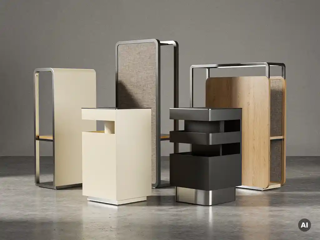 Collection of POS display units in cream and charcoal finishes with brushed steel accents on polished concrete floor, studio lit.