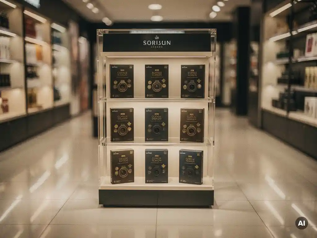 Retail display unit with hero product packaging on premium acrylic shelving, lit by warm spotlights in an ivory and gold store aisle.