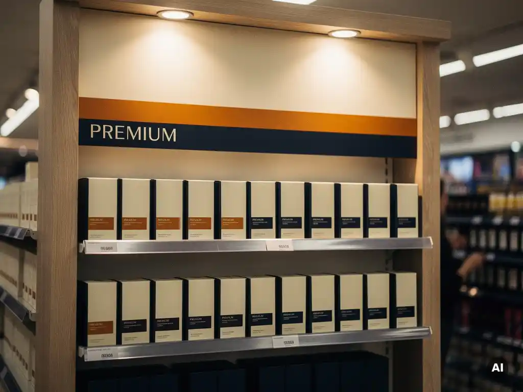 Header card display above merchandised retail shelf in a UK high-street store, warm spotlighting highlighting cream, navy, and amber product packaging.