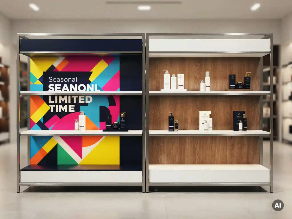 Premium UK retail shelf featuring bold seasonal promotional display beside a brushed metal and warm wood permanent fixture, soft overhead lighting.