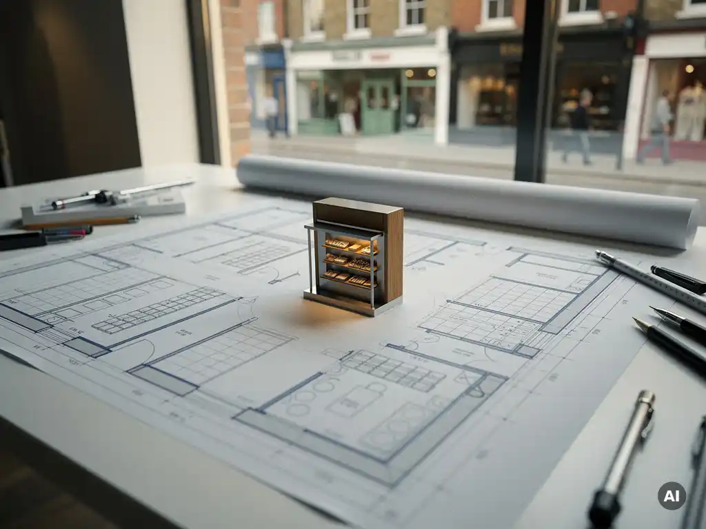 Store floor plan blueprint on a planning desk with a miniature retail fixture model, UK high street visible through background window.