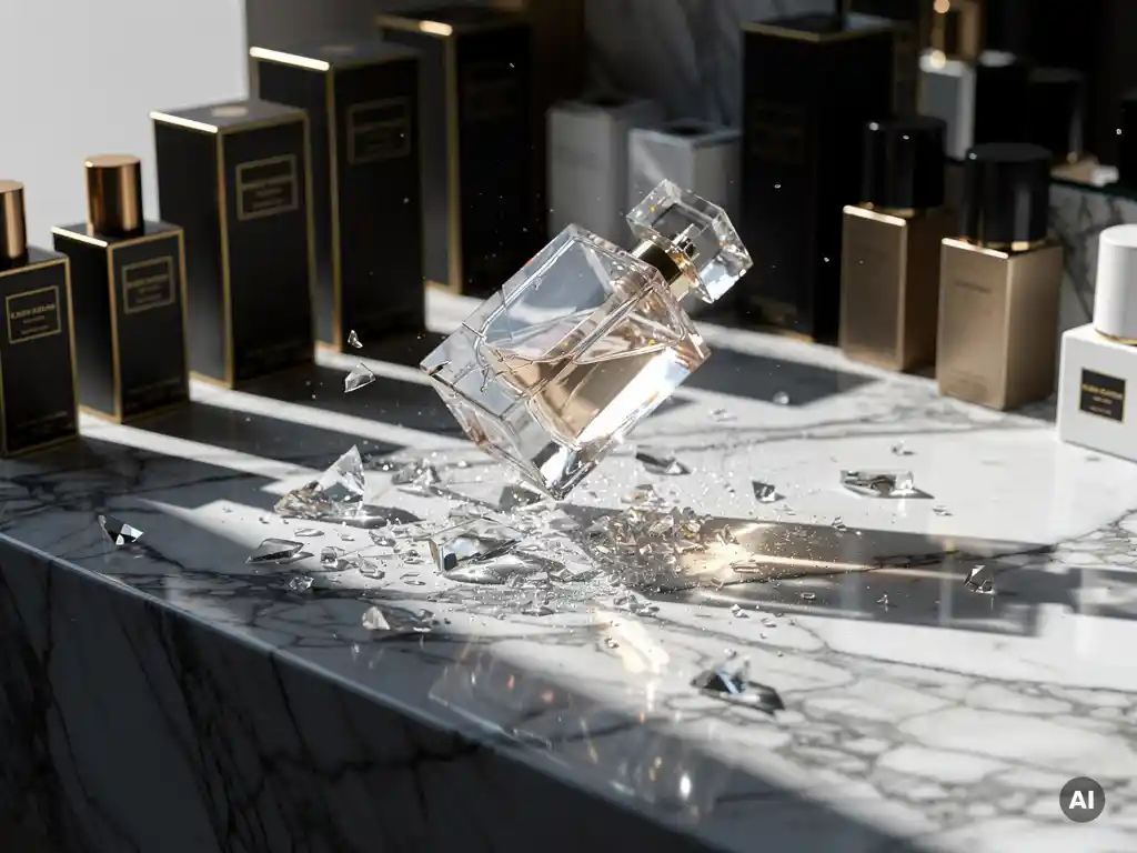 Shattered luxury perfume bottle mid-fall on polished marble, glass fragments scattering among intact premium cosmetic packaging in gold and white tones.