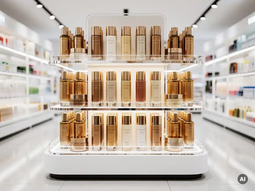 Premium skincare products arranged on tiered acrylic shelves of a point-of-sale display unit in a bright retail aisle with warm spotlighting.