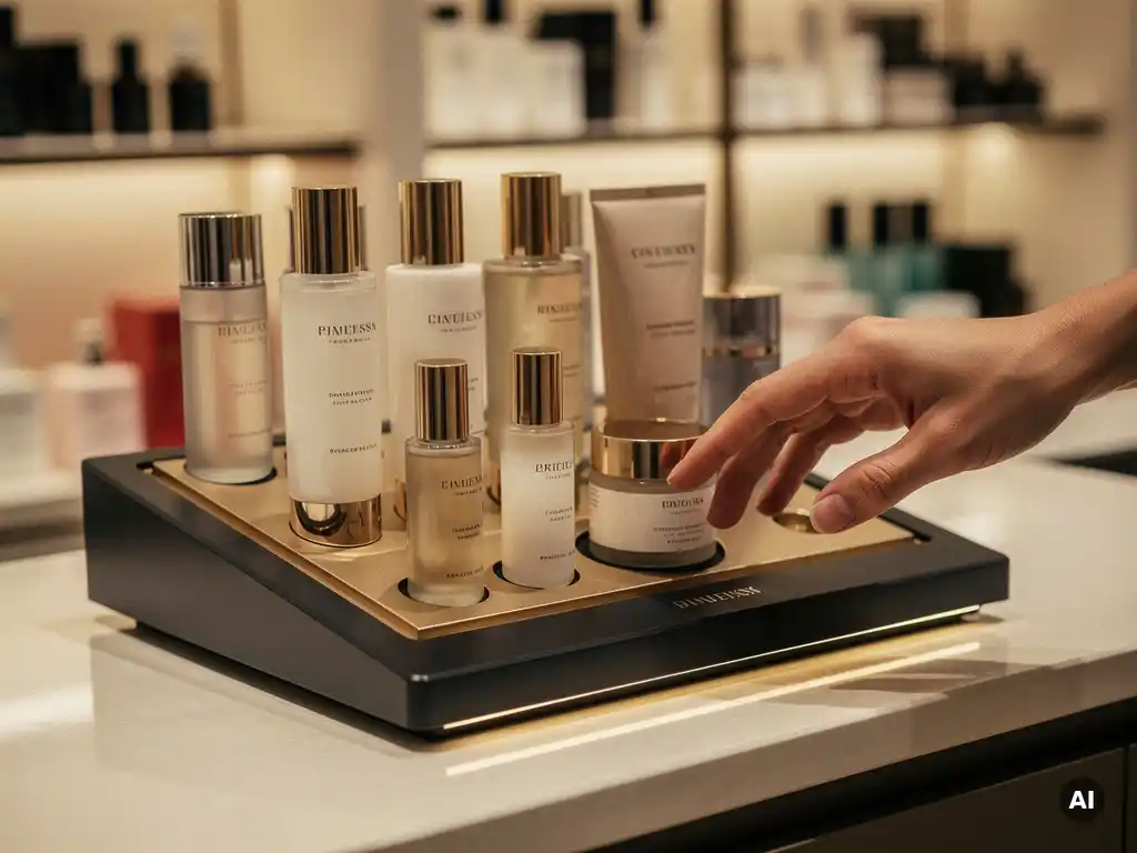 Shopper reaching toward a brushed-gold countertop POS display of premium skincare products in a warmly lit retail store.