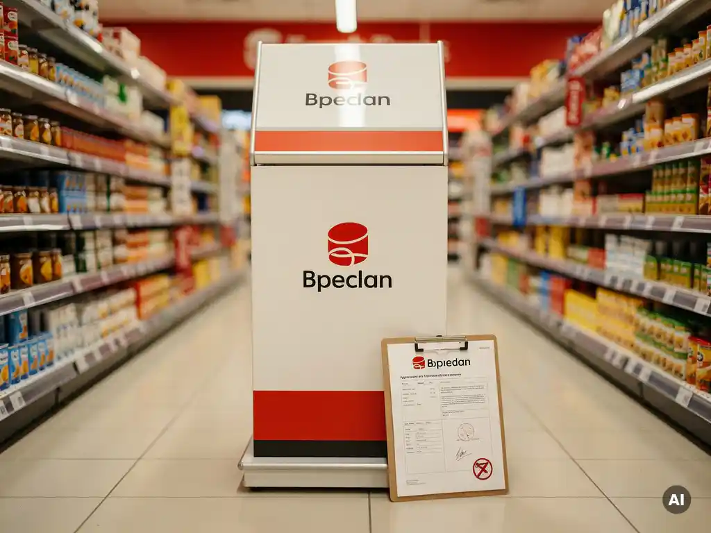 Branded POS display unit in a UK supermarket aisle with approval clipboard at its base, warm retail lighting, shallow depth of field.