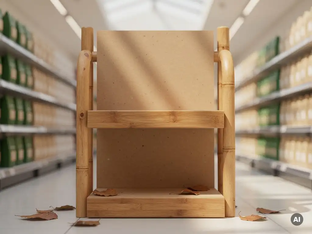 Sustainable bamboo and recycled cardboard POS display unit in a modern retail aisle with kraft textures, wood grain, and warm natural lighting.