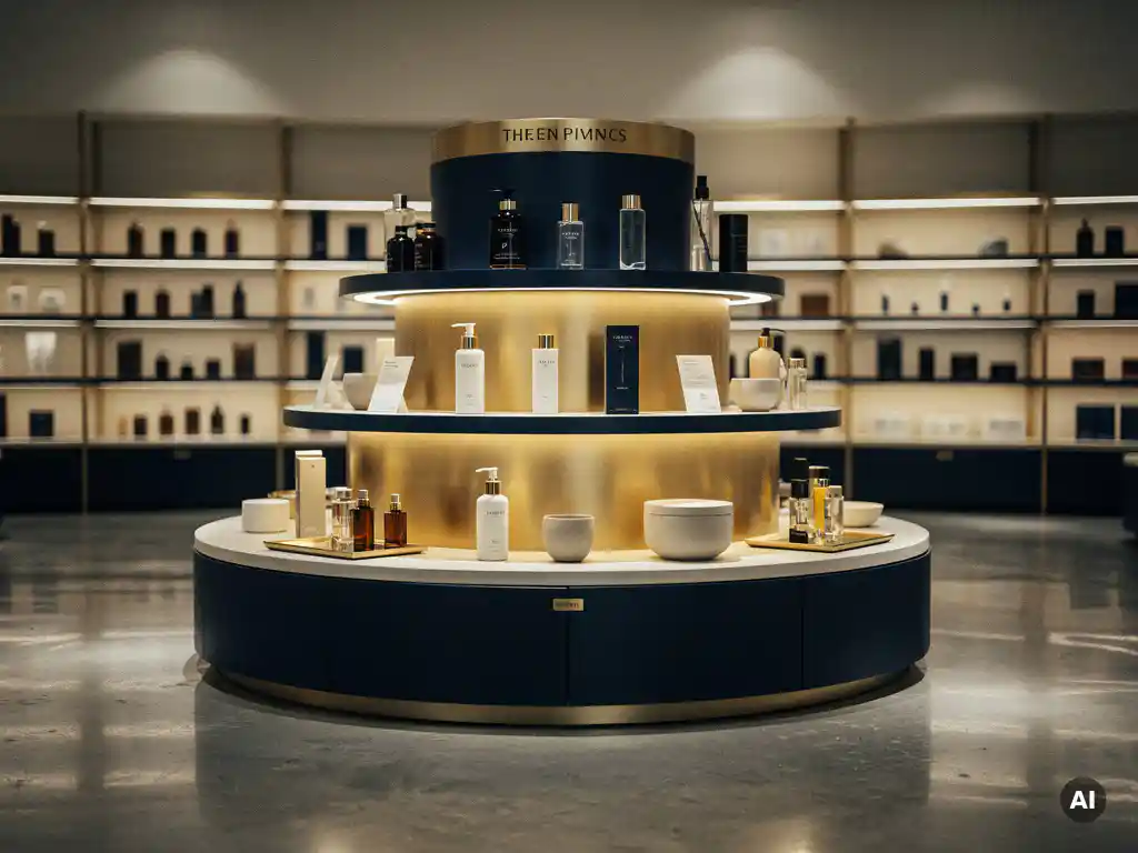 Tiered retail display stand with premium products arranged by brand hierarchy, lit by warm spotlights on polished concrete flooring in a modern store.