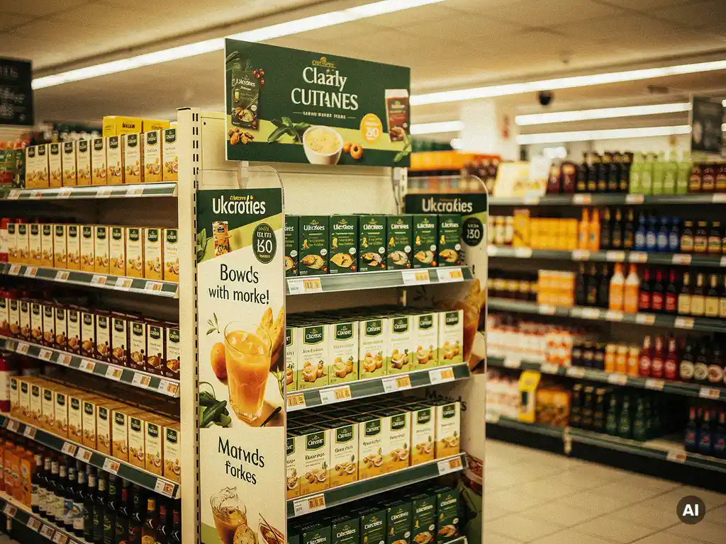 Freestanding floor unit, shelf-edge strip, and hanging header card POS displays in a UK grocery store aisle with warm cream, green, and amber tones.