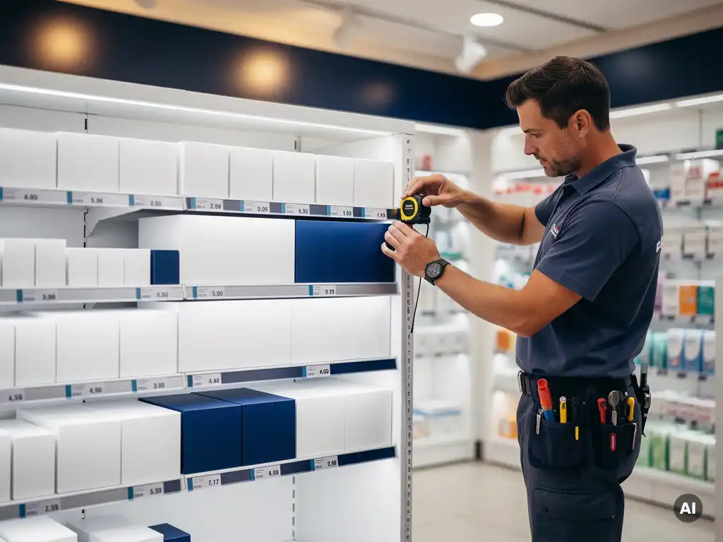 Professional fitter installing a floor-standing display unit in a UK pharmacy, with compliant POS signage and price labels on white and navy retail shelves.