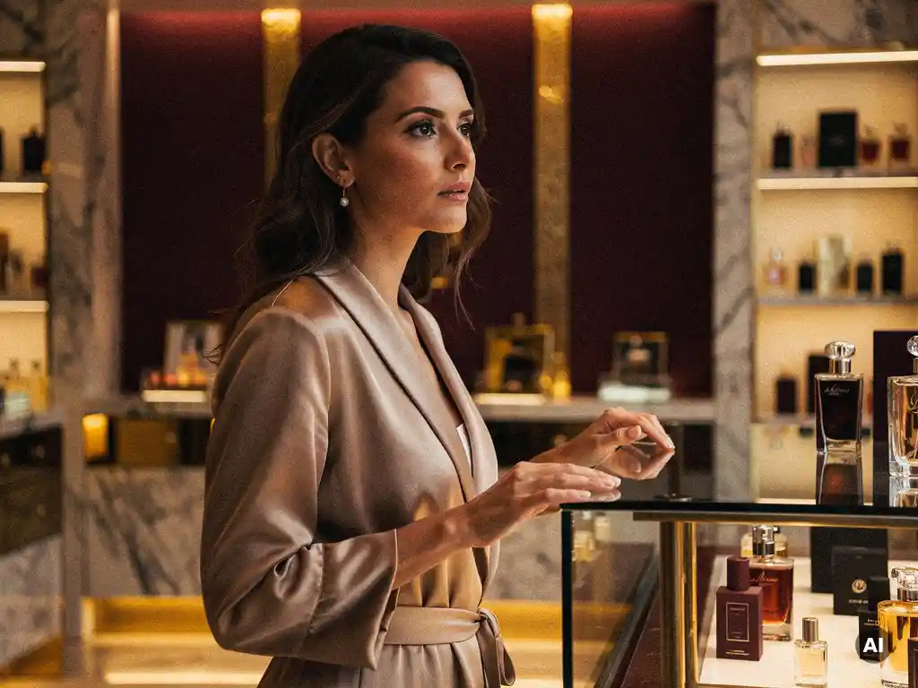 Woman captivated in a luxury perfume boutique, fingers grazing a glass counter beneath warm amber lighting and polished marble surfaces.