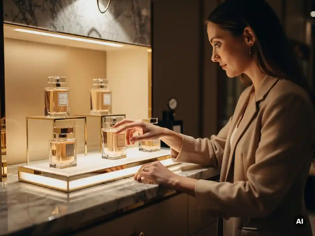 Woman reaching for a glass perfume bottle at a luxury fragrance counter with marble surfaces and warm gold lighting.
